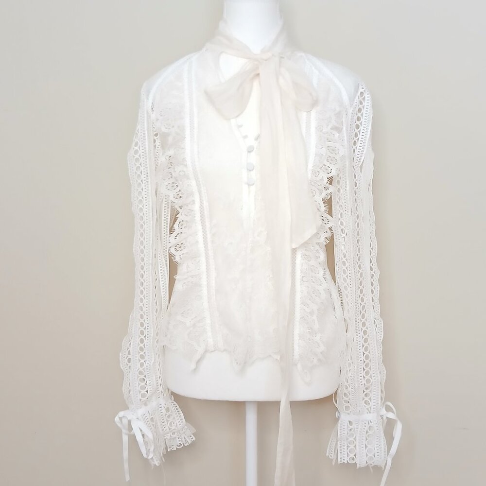 Self Portrait Sheer Draped Sleeve Lace Paneled Blouse Ivory Size 2